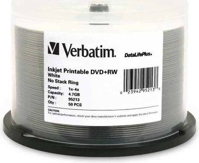 50PK DVD+RW 4X 4.7GB WHITE      DATALIFEPLUS INKJET HUB PRINTABLE