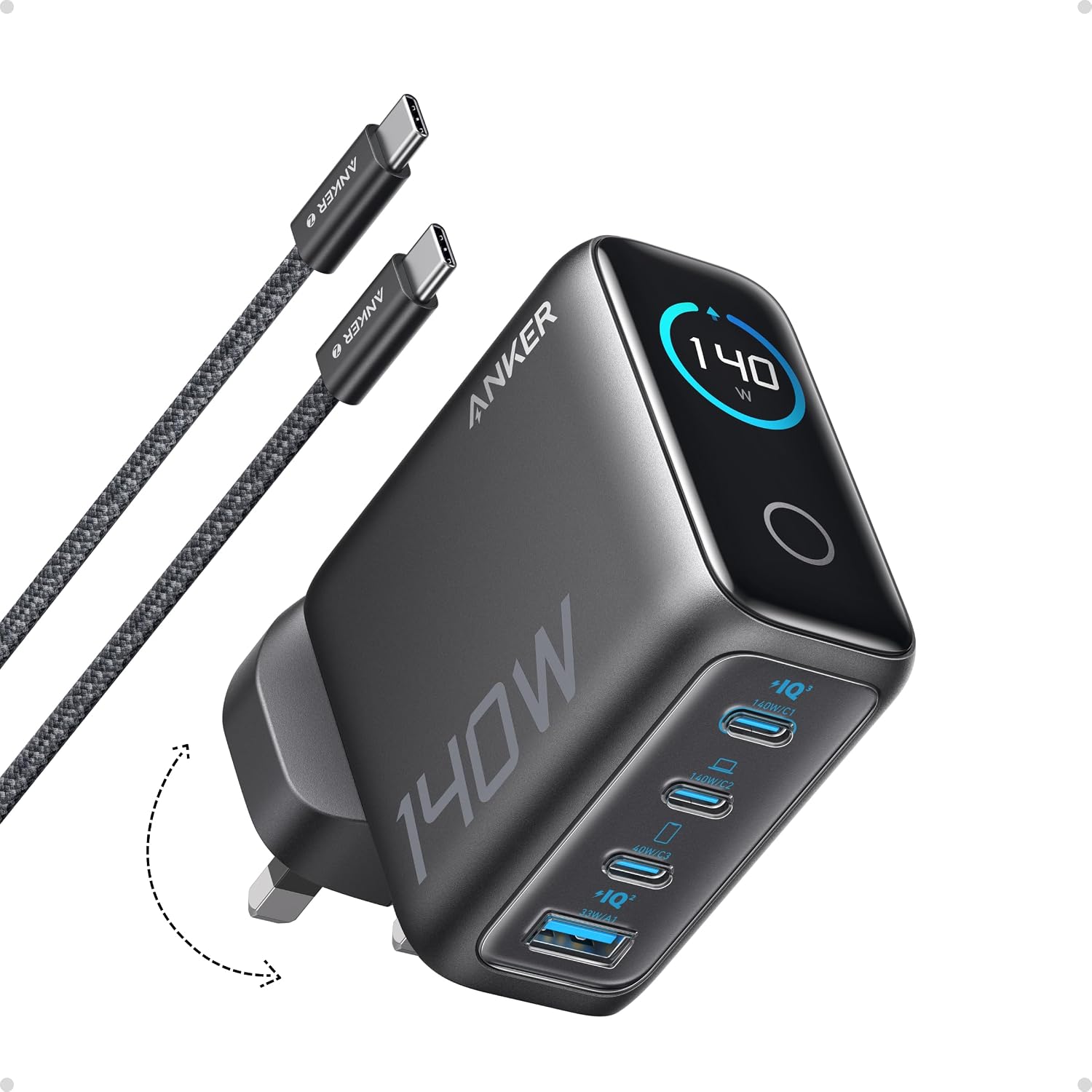 65W GAN PD CHARGER 2 X USB-C    1 X USB-A BLACK W/ DIGITAL DISPLAY