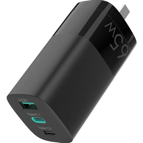 65W GAN PD CHARGER 2 X USB-C    1 X USB-A BLACK