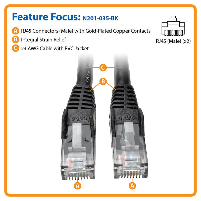 35FT CAT6 BLACK UTP GIGABIT     SNAGLESS MOLDED M/M RJ45 PATCH CABL
