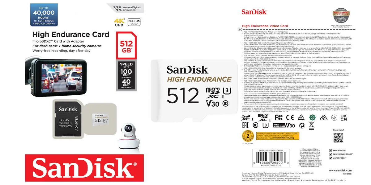 SanDisk High Endurance 512GB microSD Card, UHS-I, Class 10, V30, A2, White