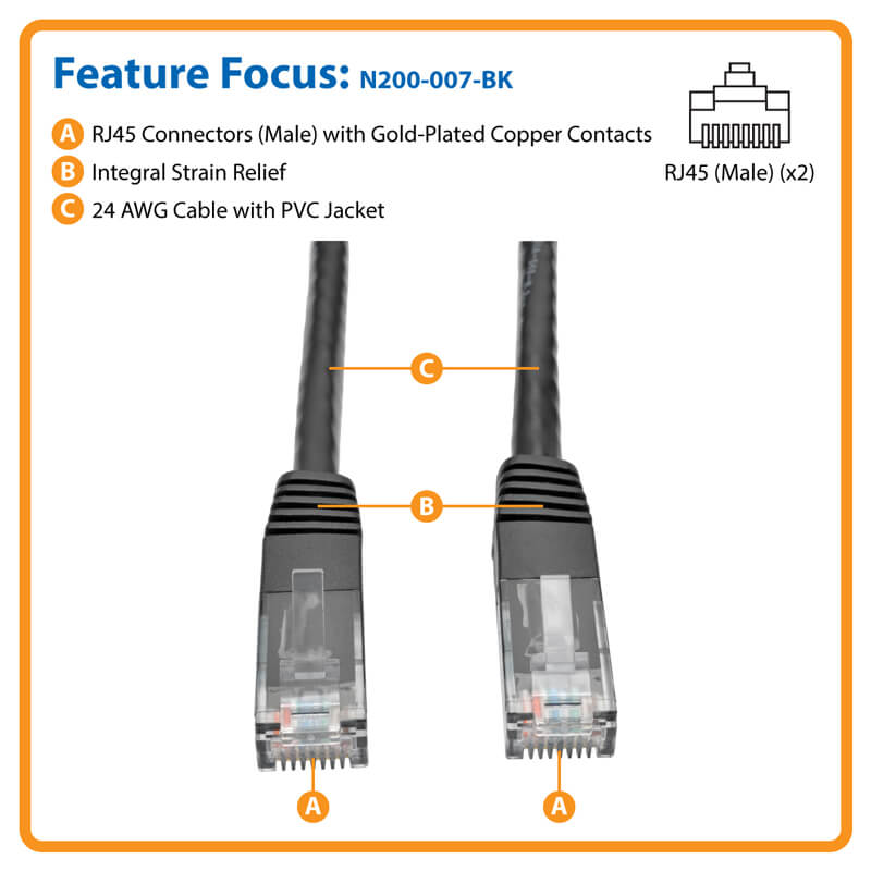 7FT Black CAT6 Ethernet Cable Gigabit Molded UTP PVC RJ45 550MHz